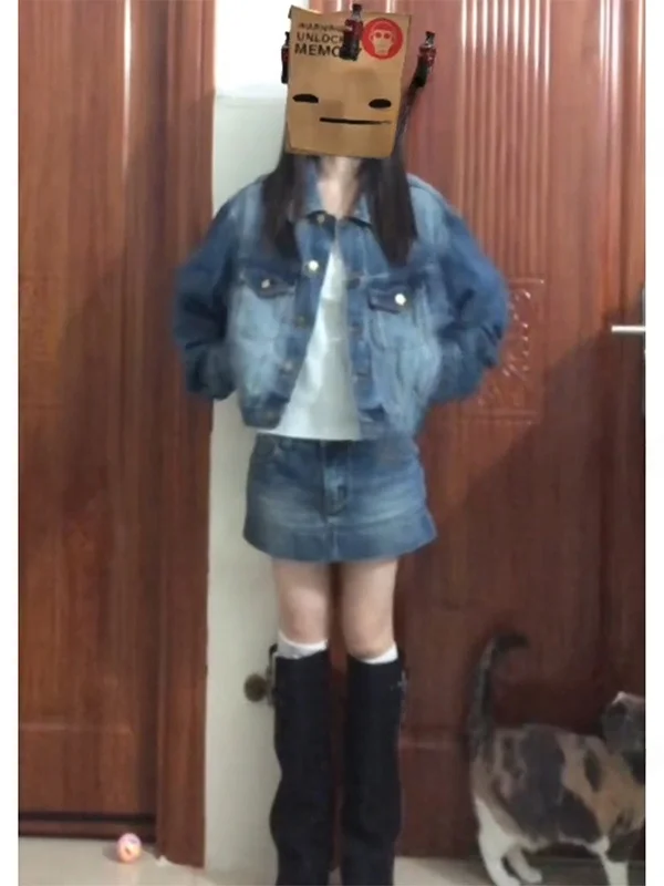 Washed American Style Blue Denim Jacket Women's Hong Kong Style Retro Half Skirt Set Short Skirt Two Piece Set Casual Fashion