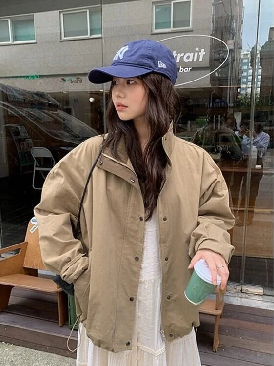 Chic American Retro Stand Collar Zipper Loose Hem Long Sleeve Jacket Women's Fashionable Outerwear Spring Autumn Winter