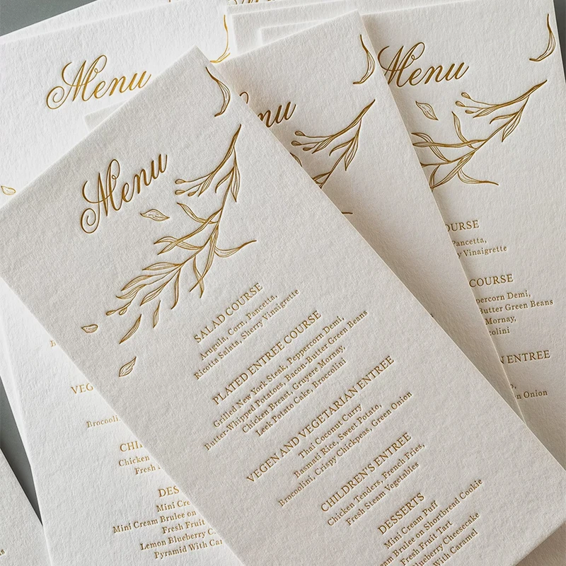High-Quality Cotton Paper Menu Cards with Gold Foil Letter Press Debossing Embossing for Wedding Invitations