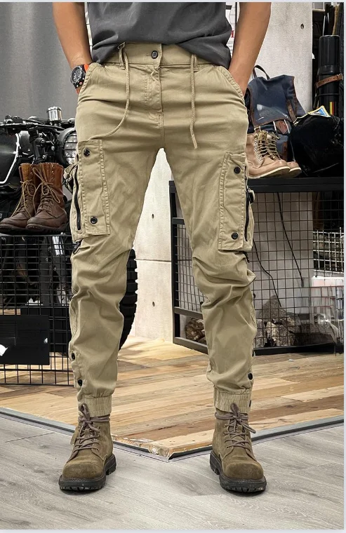 Cotton  Pants for Mens Elastic Casual Trousers Zipper Multi-Pocket Joggers Fashion Khaki Black  Green