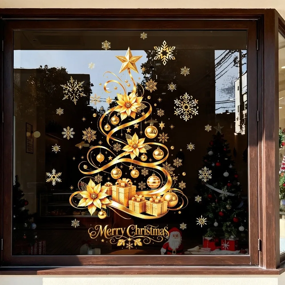 Golden Snowflake Christmas Tree Window Sticker Star Bow Large Christmas Tree Wall Sticker Waterproof Removable Xmas Decals