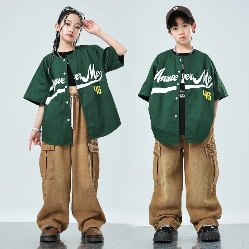 Adult Hip Hop Girls Clothing Green Letter Shirt Street Dance Brown Cargo Pants for Kids Boys Performance Clothes Jazz Costume
