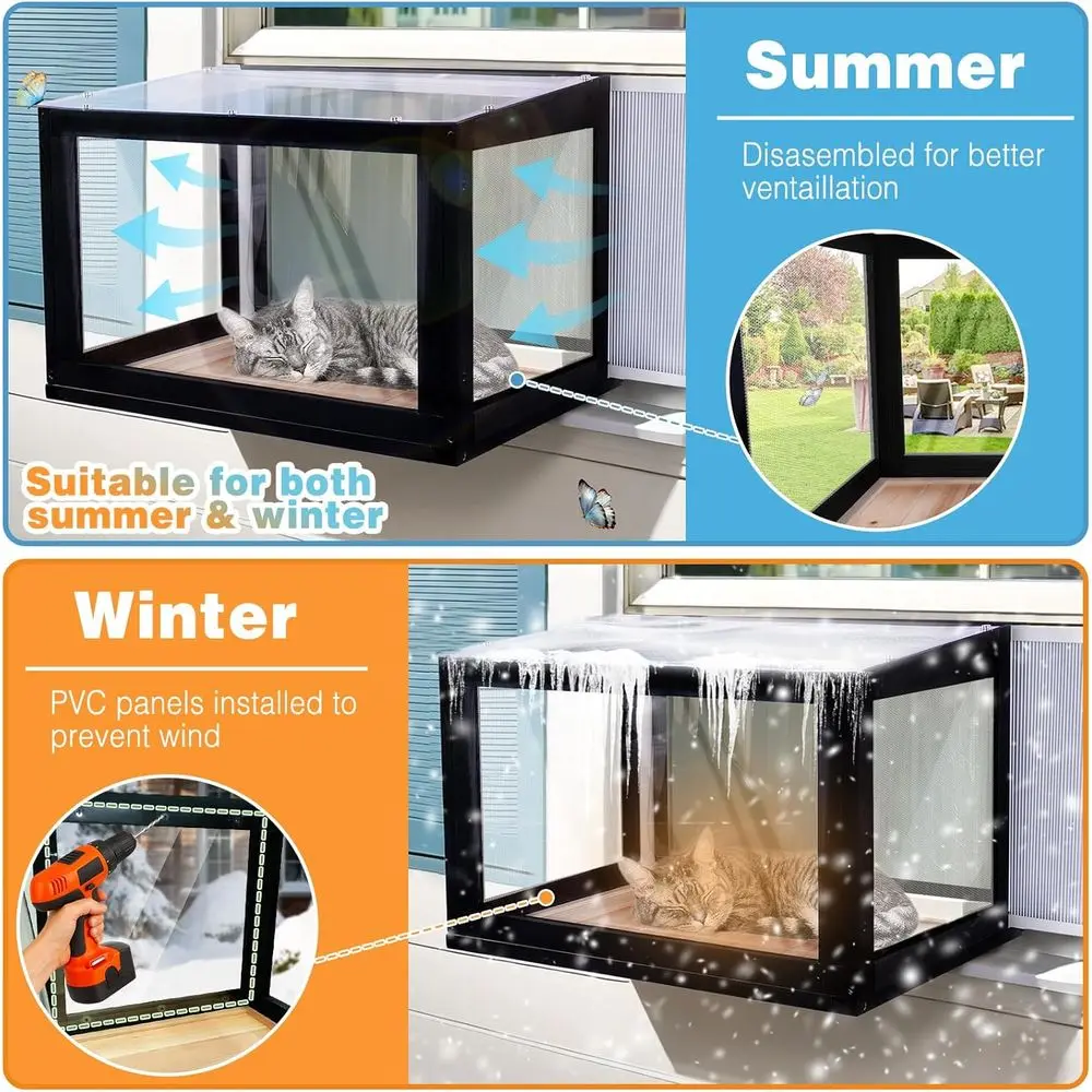 Cat Window Box Outdoor Catio with Wire Mesh and Removable PVC Panels, Sturdy Wood, Protective Design, Open View for Cats Napping