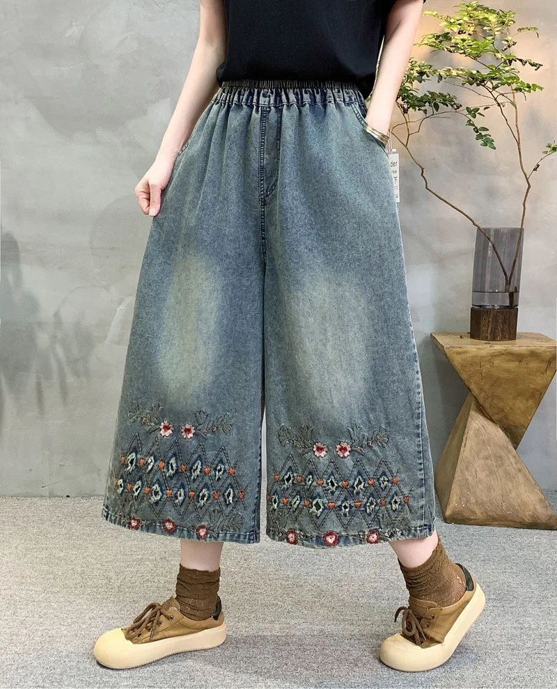 Japanese Vintage Mori Girl Cartoon Floral Embroidery Denim Wide Leg Pants Women Spring Elastic Waist Casual Loose Jeans Pants
