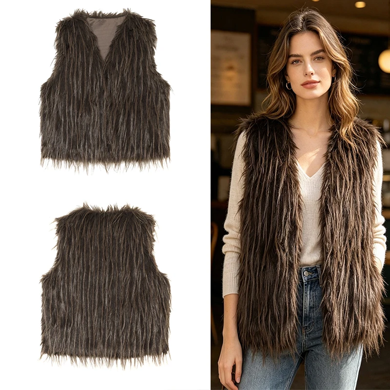 Guobioziy Ladies Vintage Brown Shaggy Faux Fur Waistcoat Sleeveless V Front Cropped Extra Long Fur Winter Layering Vest