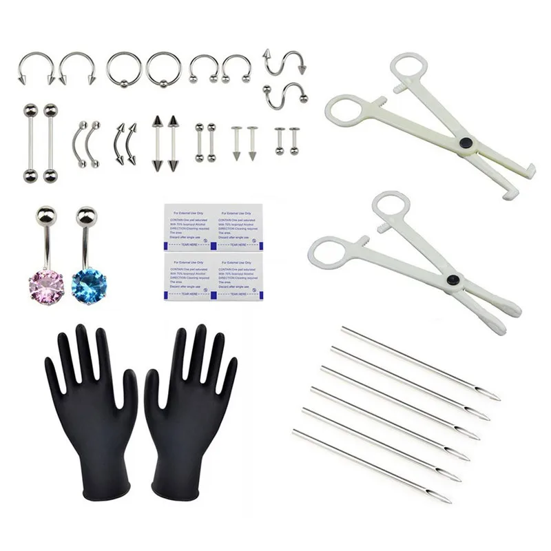 38PCS Professional Body Piercing Tool Kit Ear Nose Navel Nipple Needles Set