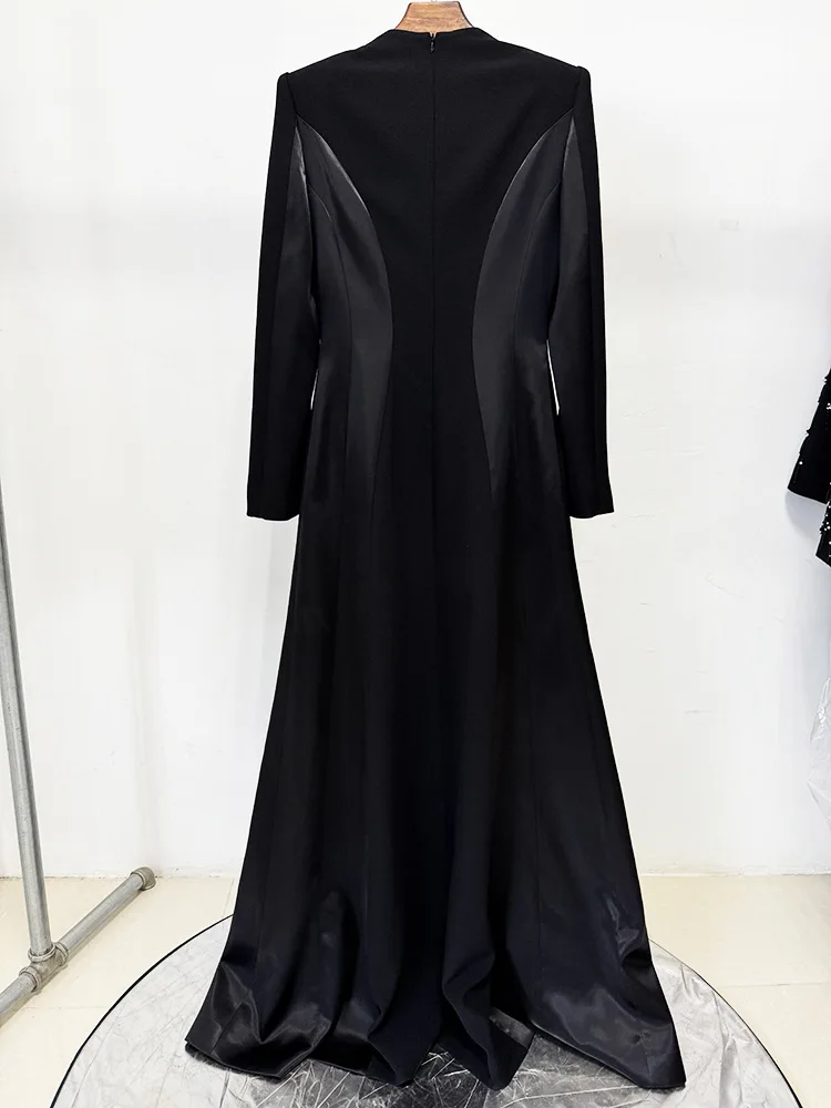 TOP QUALITY Black Long Sleeve Patchwork Evening Gown Elegant Rhinestone Beaded V-Neck Formal Dress for Women Banquet Party