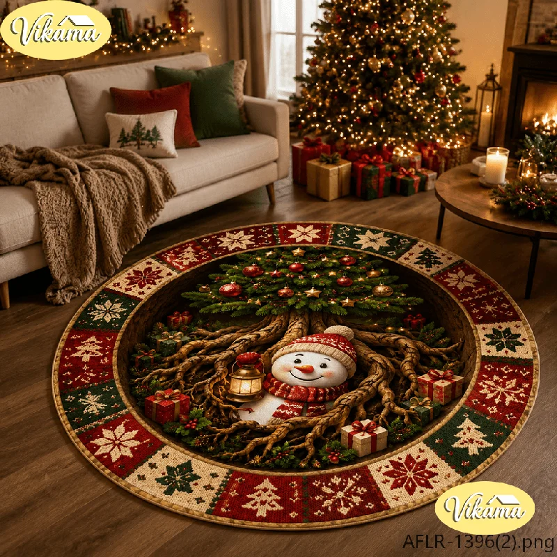 VIKAMA Round Christmas Rug Snowman Driving Toy Train Print, Soft Plush Flannel Non-Slip Mat for Living Room Home Holiday Decor