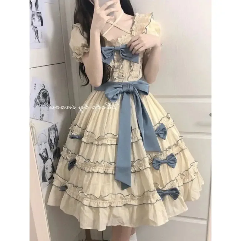 Lolita Cute Girl Princess Dress Flounce Contrast Color Patchwork Bow Fairycore Y2k Dresses Autumn New Ball Gown Midi Dress