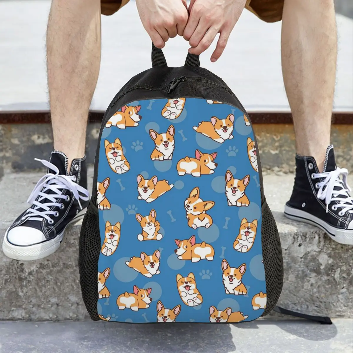 Corgi Puppy Lie Down In Blue Background Backpack Daypack Large Capacity Kids BookBag School Bag Shoulder Bags for Men Women