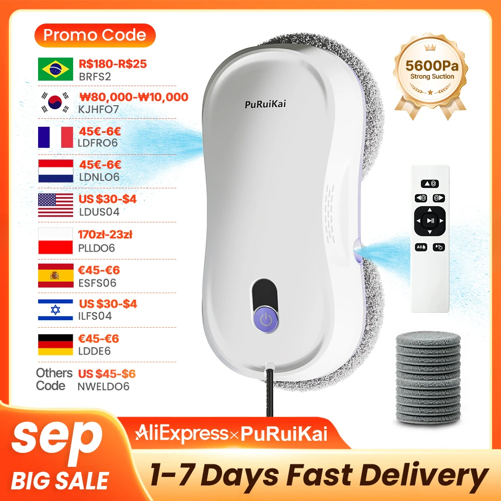 PuRuiKai  Window Cleaning Robot Automatic with Auto Dual Spray 5600Pa Suction Remote Control Edge Detection for Home