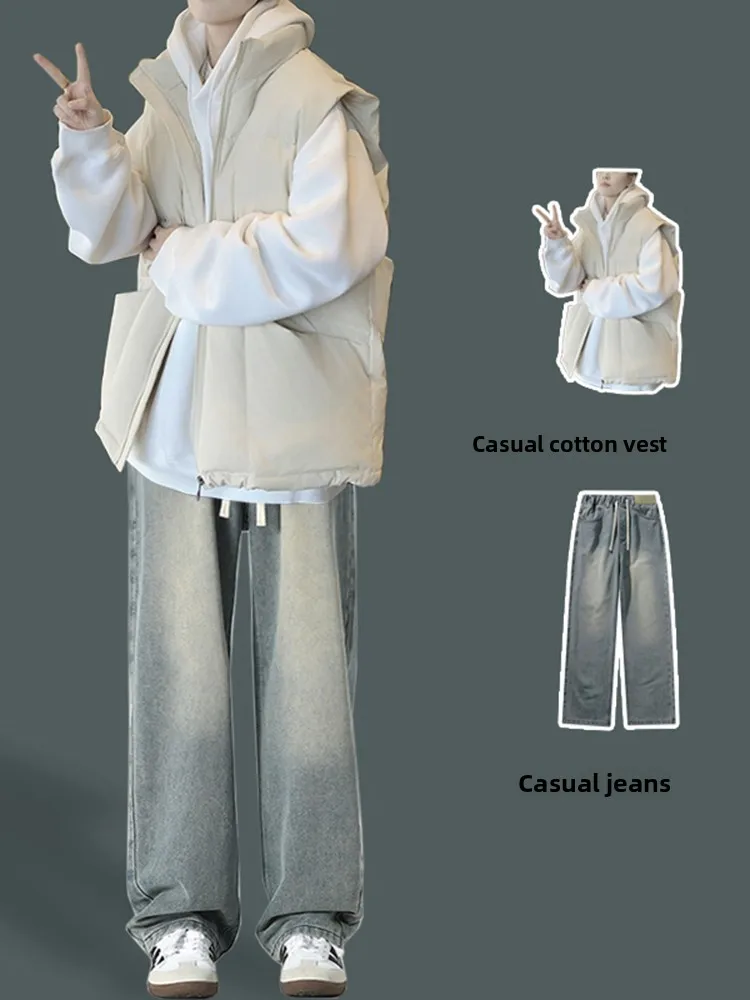 

Trendy Cotton Vest Set for Teens ex Stand Collar Svel Jaet Warm Thiened Polyester Fiber Winter Outerwear