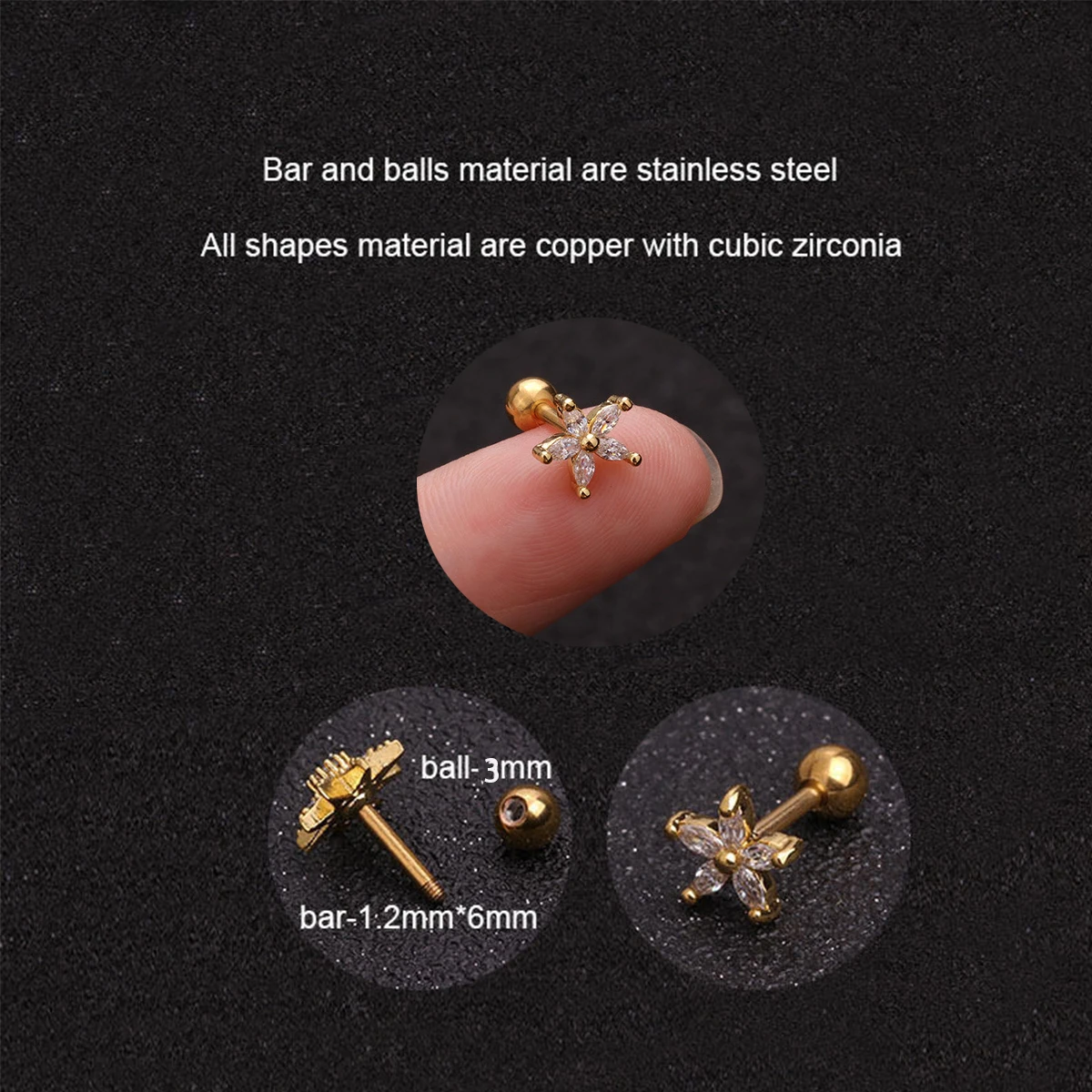 Golden Curved CZ Cartilage Stud Flower Helix Rook Conch Screw Back Earrings 316L Stainless Steel Ear Piercing Jewelry Lip Rings
