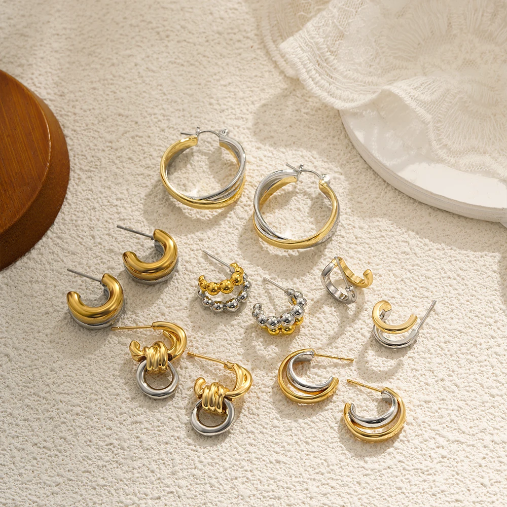 Damen-Ohrringe aus Edelstahl, Gold, Silber, gemischte Farben, doppelschichtig, linke und rechte Ohrringe, vergoldeter, wasserfester Erklärungsschmuck