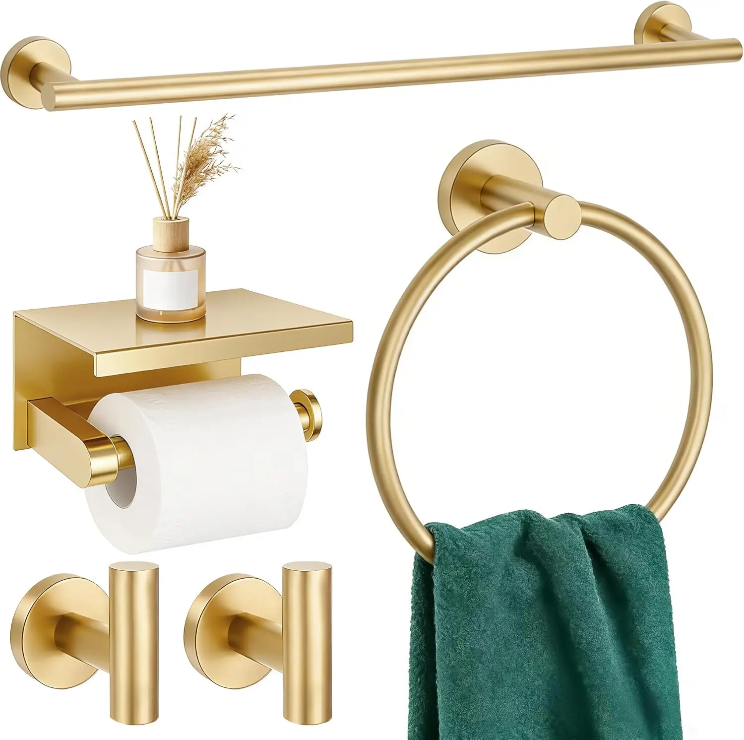 

5 Piece Brushed Gold Bathroom Hardware Set, 24" Towel Rack with SUS304 Stainless Steel, Wall Mounted Toilet Paper Holder