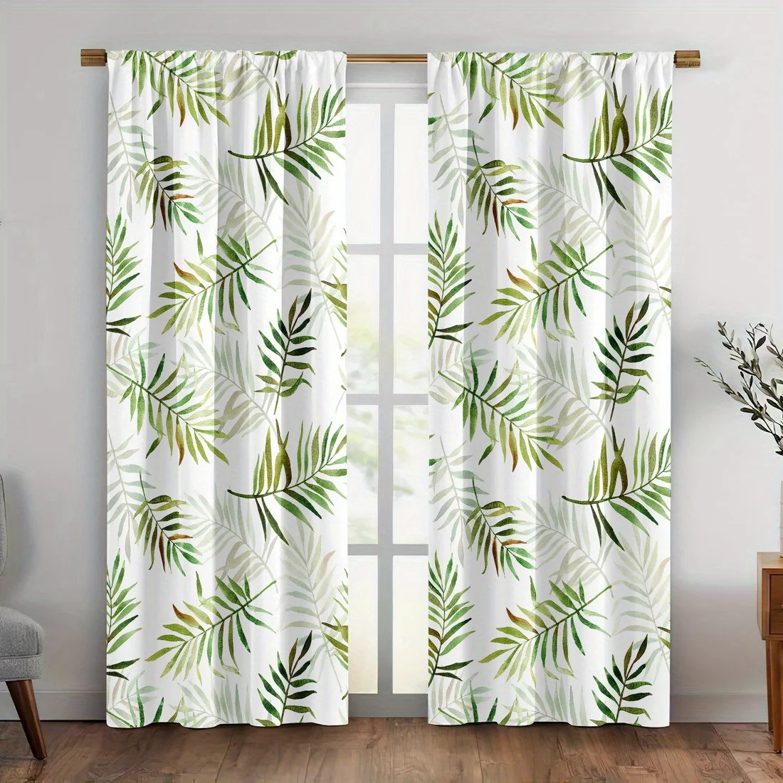 2pc  tropical leaf print curtains, polyester fabric, machine washable, suitable for bedroom and living room decoration