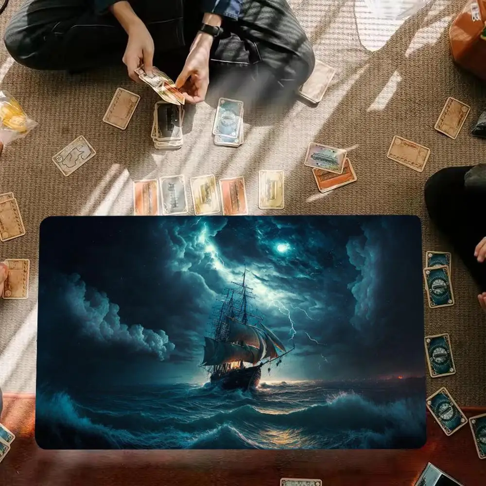 Ocean Storm Sailing Vessel Art Playmat, Non Slip Large Desk Pad, Tabletop Card Game Mat, Extended Keyboard Mouse Mat for Game