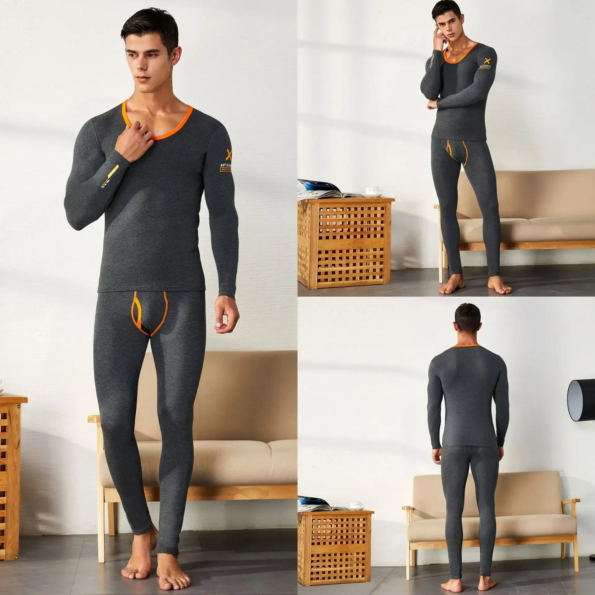 Set di biancheria intima termica da uomo in cotone elasticizzato slim fit autunno caldo girocollo top e pantaloni lunghi pantaloni caldi invernali lingerie basic