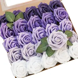 Artificial Flowers 25pcs Real Looking Violet Purple Ombre Colors Foam Fake Roses with Stems for DIY Wedding Bouquets Bridal Show