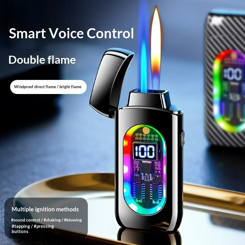 Multi Functional Voice Control, Tapping, Shaking, Blowing, Buttons Ignition Dual Flame Butane Lighter Visual Electric Lighters