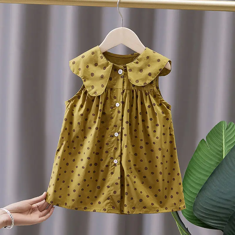 

Fashion Clothing for Girls Polka Dot Printing Sleeveless Kids Summer Doll Round Neck Patchwork Button Midi Vest A-line Dress