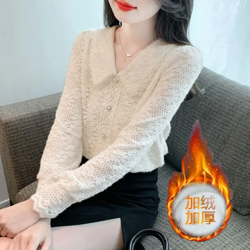 

Doll Collar Lace Shirt Top with Velvet Style and Long Sleeves