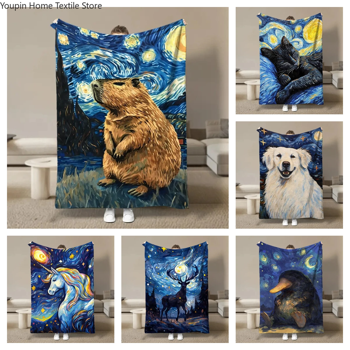 

Starry Night Cute Animals Blanket for Cozy,Multifunctional blanket suitable for home, outdoor, travel, camping,nap cover blanket