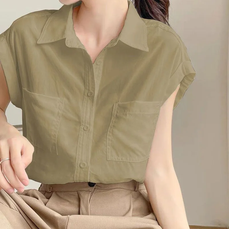 Pocket Patchwork Office Blouse Summer New Polo Neck Short Sleeve Solid Color All-match Shirt Tops Casual Fashion Women Clothing