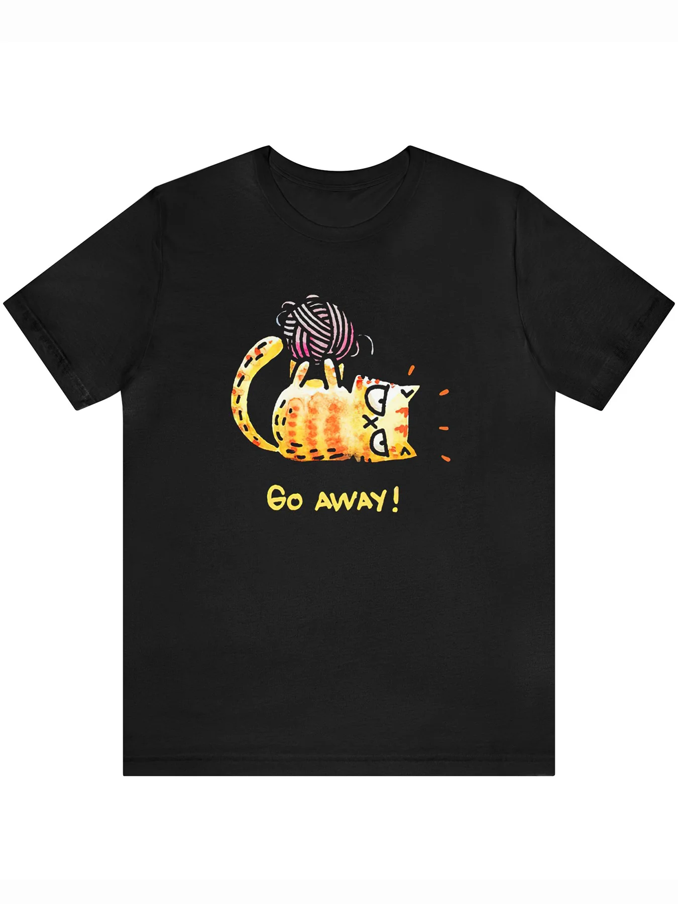 تي شيرت برسومات حياكة القطة المضحكة للرجال - أكمام قصيرة من القطن الأسود، رقبة دائرية، "Go Away!" تصميم، مثالي للنزهات الصيفية