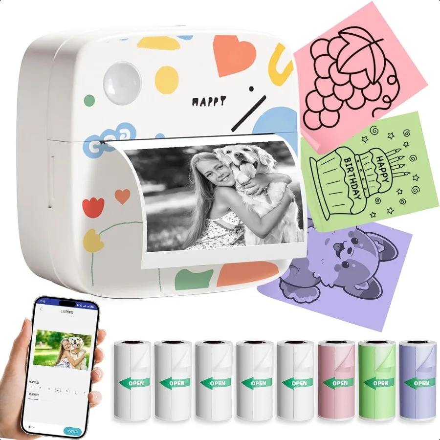 

Sticker Printer with 9 Rolls Thermal Paper Little Thermal Printer Compatible with iOS Android Pocket Inkl Mini Sticker Maker La
