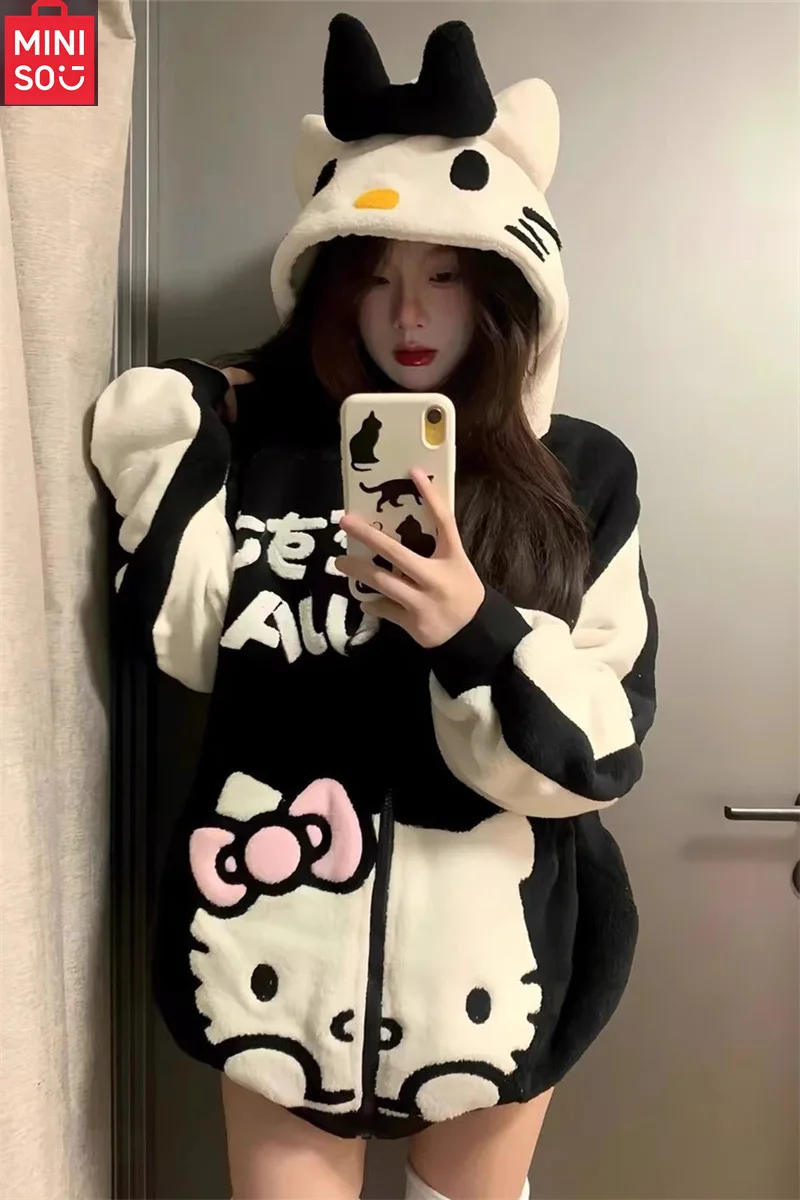 

MINISO Winter Kawaii Hello Kitty Sanrio Comfortable and Warm Hoodie Hoodie Wool Jacket Plush Sportswear