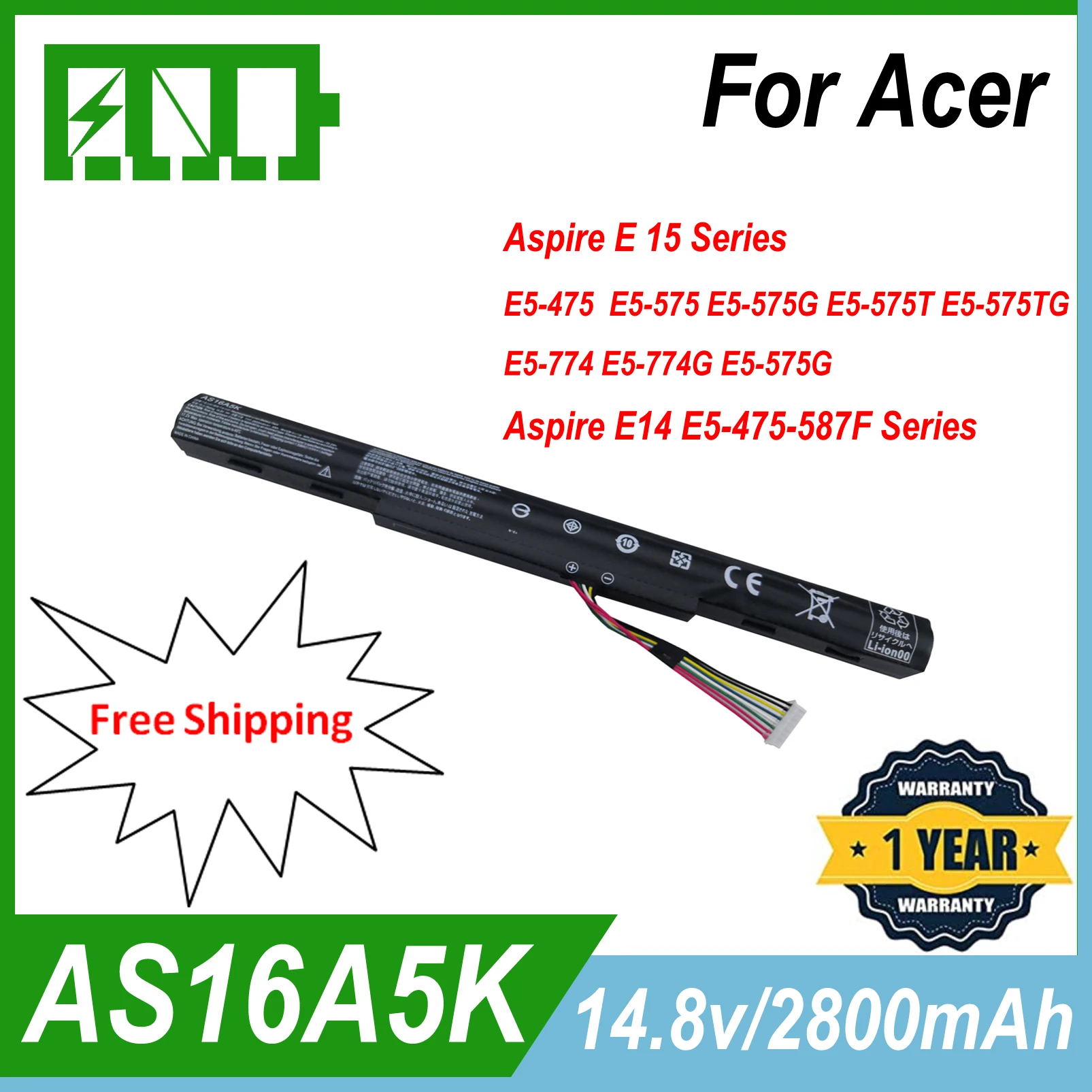 AS16A5K AS16A8K Laptop Battery For Acer Aspire E5 575 59QB 575 575G 53VG E15 475G 523G 553G 575G 774G Fit Notebook