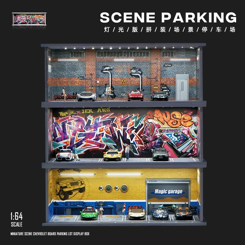 1/64 Simulated Parking Lot Model Miniature Scene Parking Lot PVC Assembly with Light Parking Space Model Display Frame