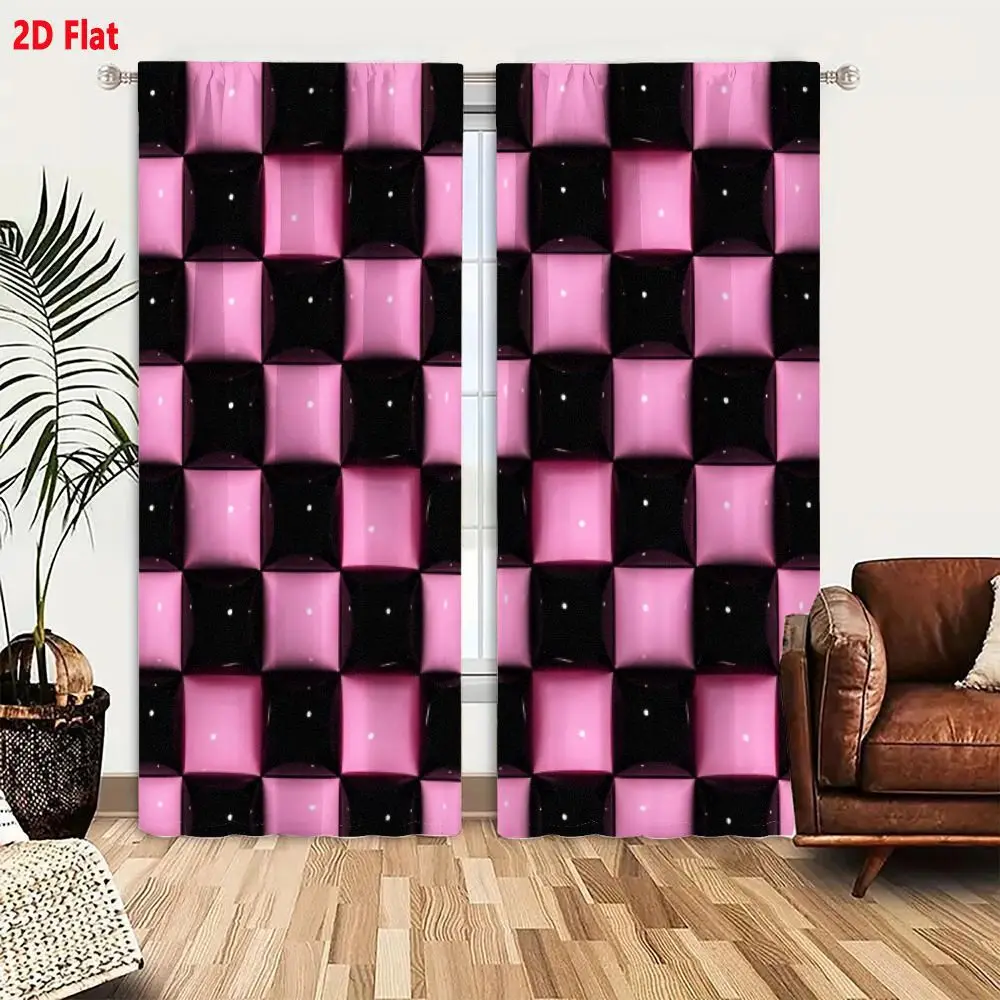 2Pcs Curtains 2D Flat Pink And Black Square Tile Pattern With White Dots In Pink Tiles Glossy Reflective Abstract Decorative Des