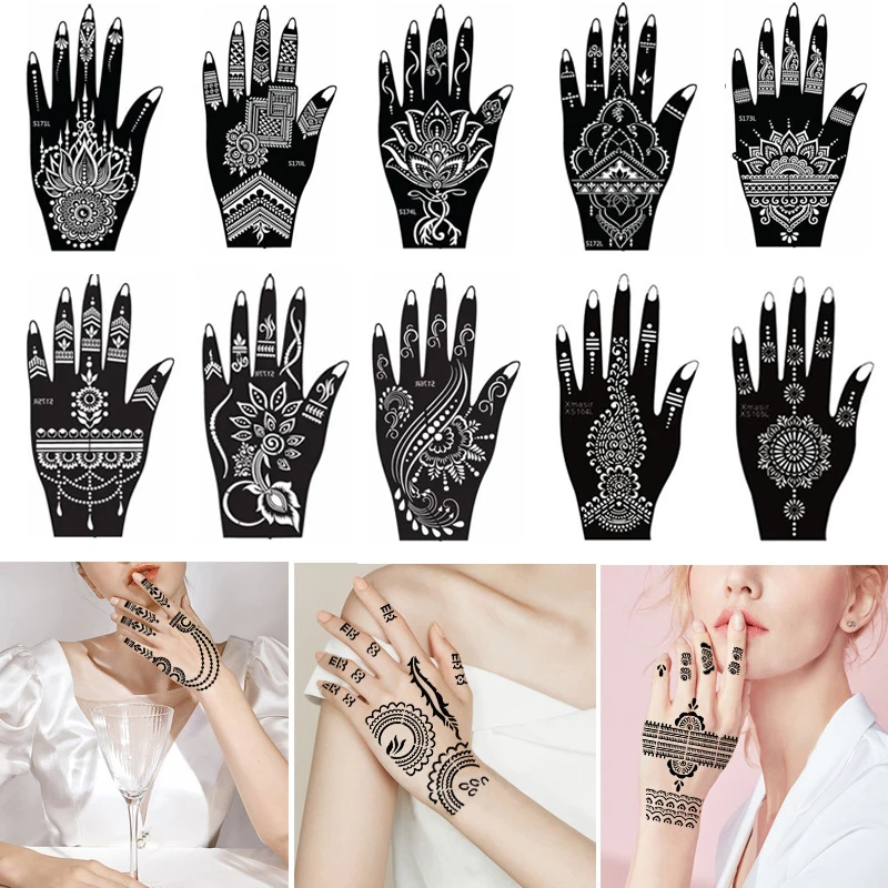 1 Pair Professional Henna Stencil Temporary Hand Tattoo Body Art Sticker Indian Glitter Airbrush Tattoo Templates for Wedding