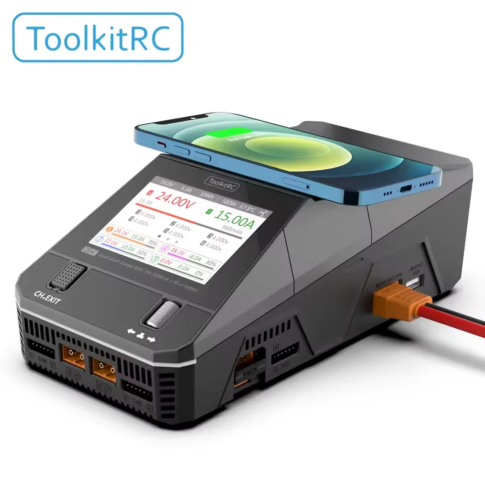 ToolkitRC Q6AC Charger AC 400W / DC 1000W 4CH Output Built-in 65W USB Output 15W Wireless Charger for LiPo NiMH PB Battery