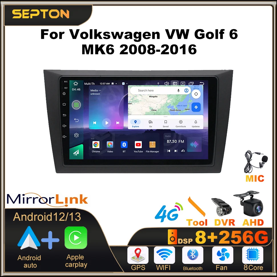 

Умные автомобильные системы SEPTON, автомобильное радио для Volkswagen VW Golf 6 MK6 2008-2016 Carplay, GPS, стерео плеер, мультимедийный Головной блок, Wi-Fi