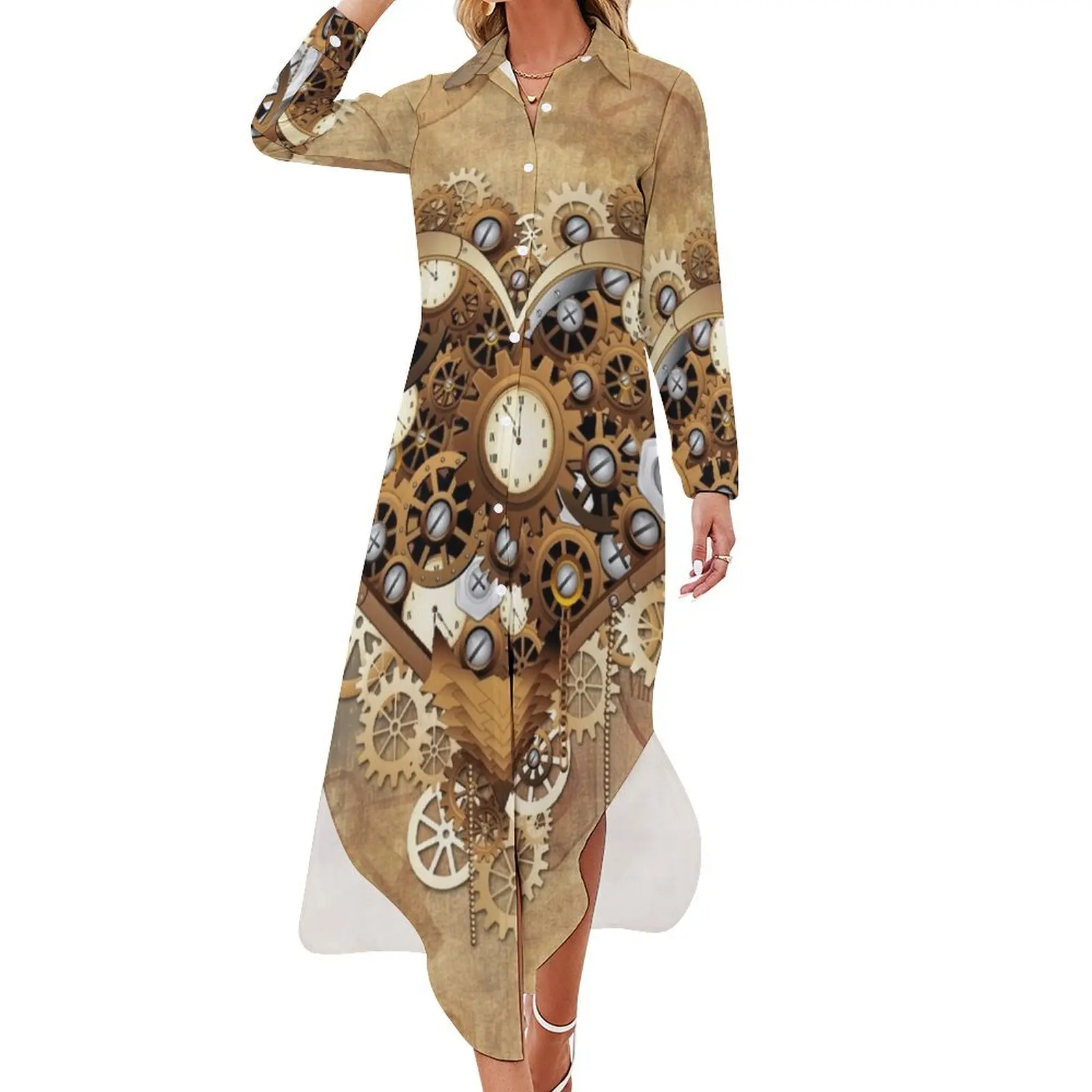 Heart Steampunk Love Retro Machine Long Sleeved Shirt Dress Women's clothing