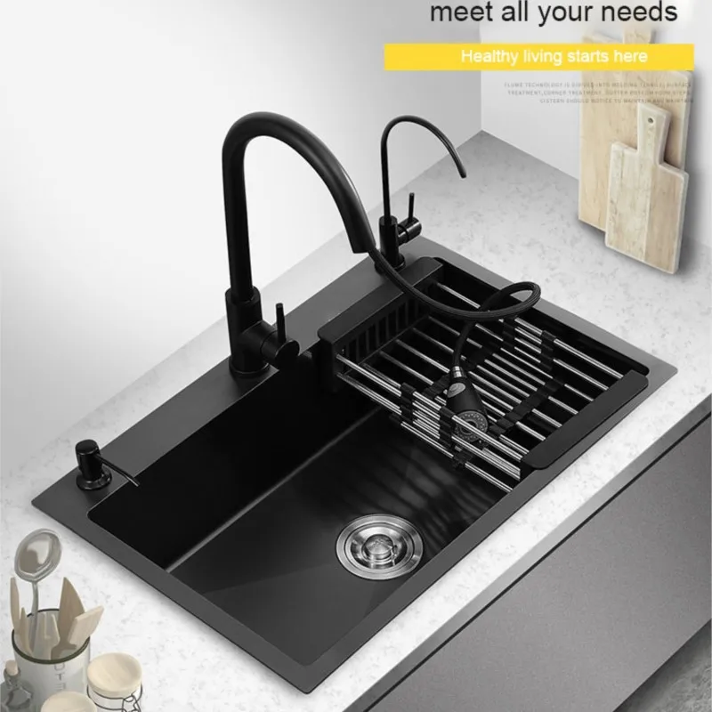 

Kitchen Sink Black Nano-Sink Single-Slot Household Hand-Washing Basin Kitchen Large 304 Stainless Steel Sink Sink Bowl