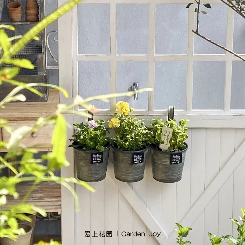 Vintage Iron Three Cache Pots in A Row with Hook for Balcony and Patio