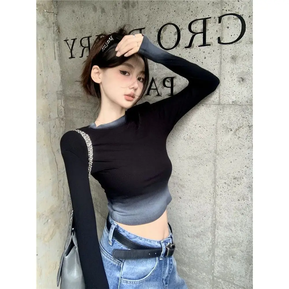 American Gradient Design Long Sleeve Short T-Shirt Women's Spring 2026 Slimming Base Layer Top Skin-friendly Breathable