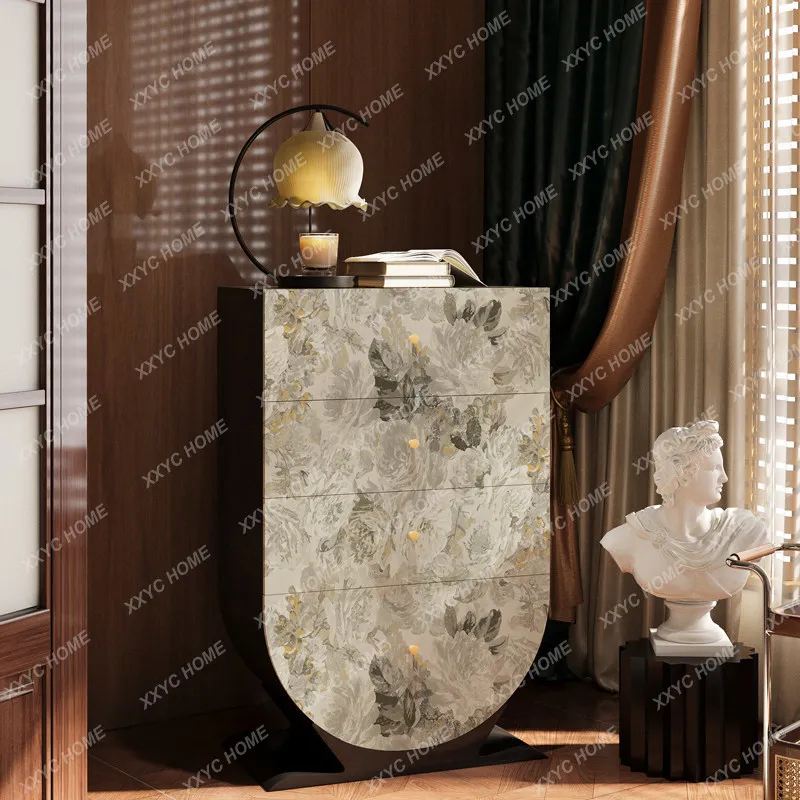 retro style oil painting solid wood four-chest cabinet entrance decorative cabinet living room storage integrated cab