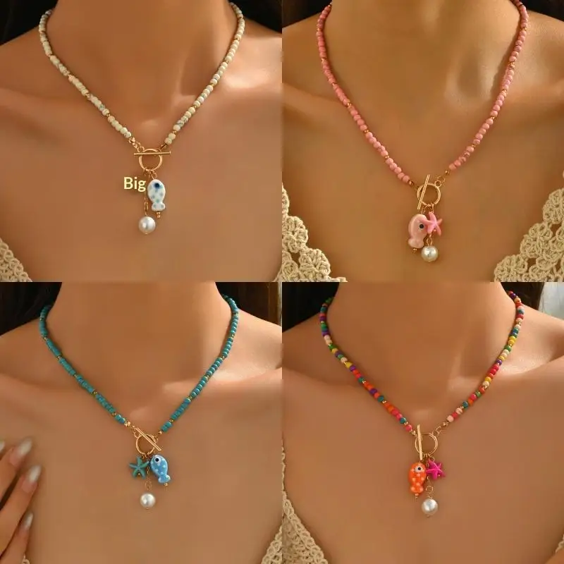 Bohemian Nautical Pendant Necklace Smooth Ceramic Fish Starfish Design Delicate Summer Jewelry for Women Seaside Trip Wear