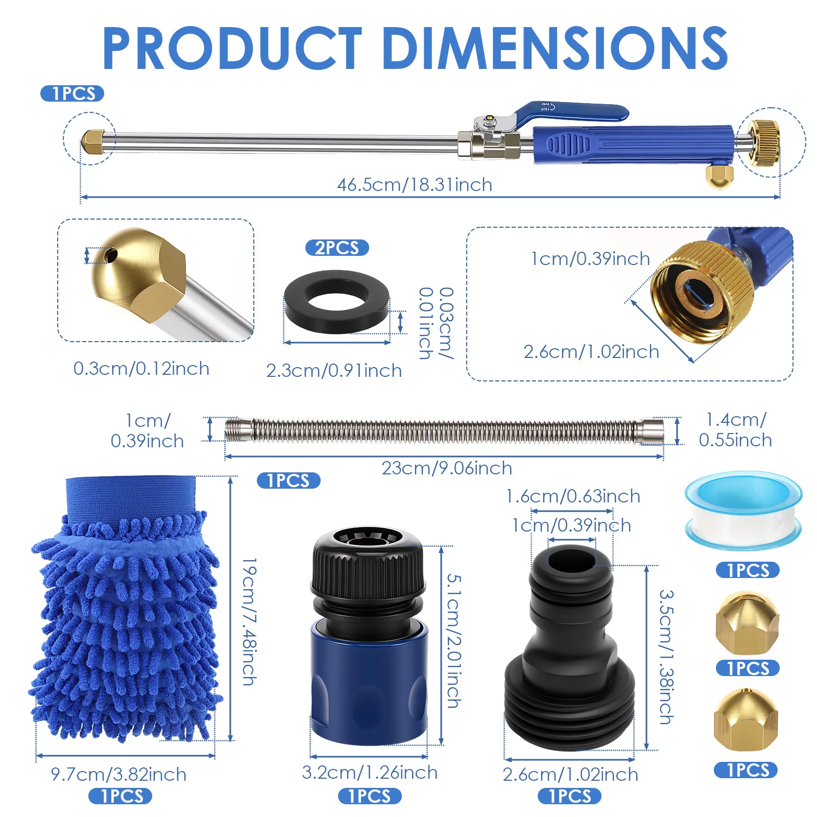 Hydro Jet High Pressure Hose Wand Sprayer Flexible Hose 2 Brass Nozzles Wash Mitt Set for Car Wash Garden Window Gutter Clean
