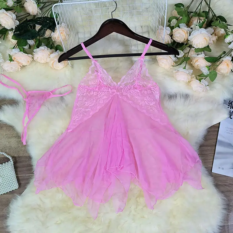 Thin Style G-string Contrast Lace Ruffle Trim Lingerie Set Deep V Slip Dress Thong Women's Sexy Lingerie Lencería Mujeres