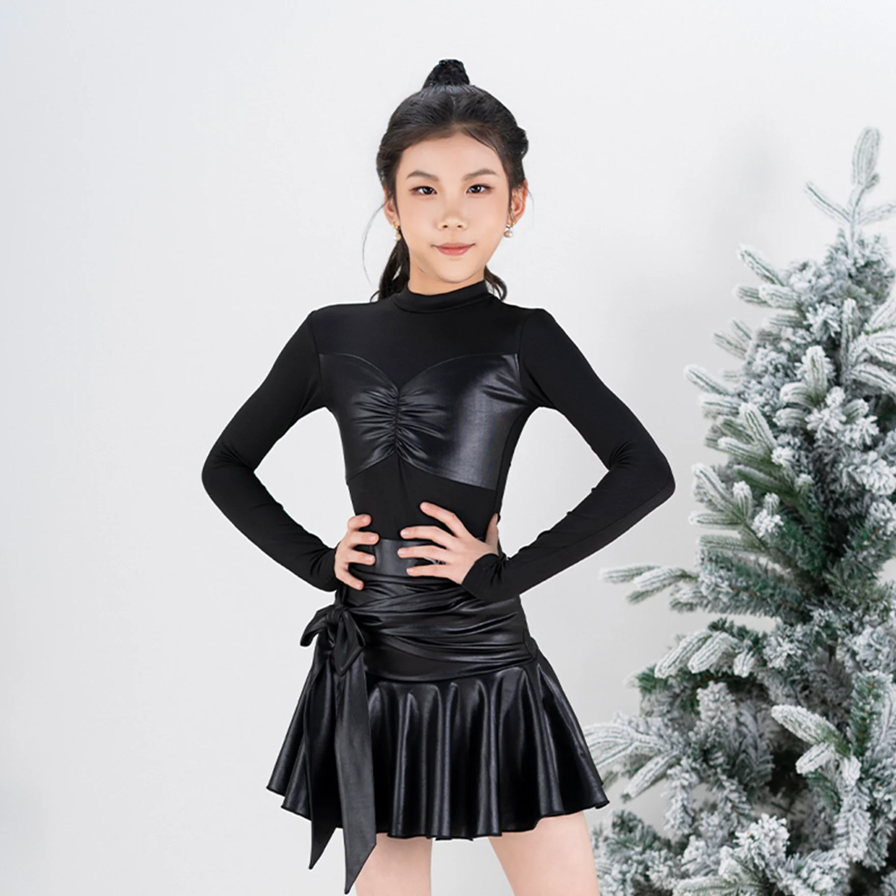 

2025 детские костюмы для латинских танцев для девочек, юбки с разрезом и длинными рукавами, наряды для чача-самбы, одежда для латинских танцев XH3933