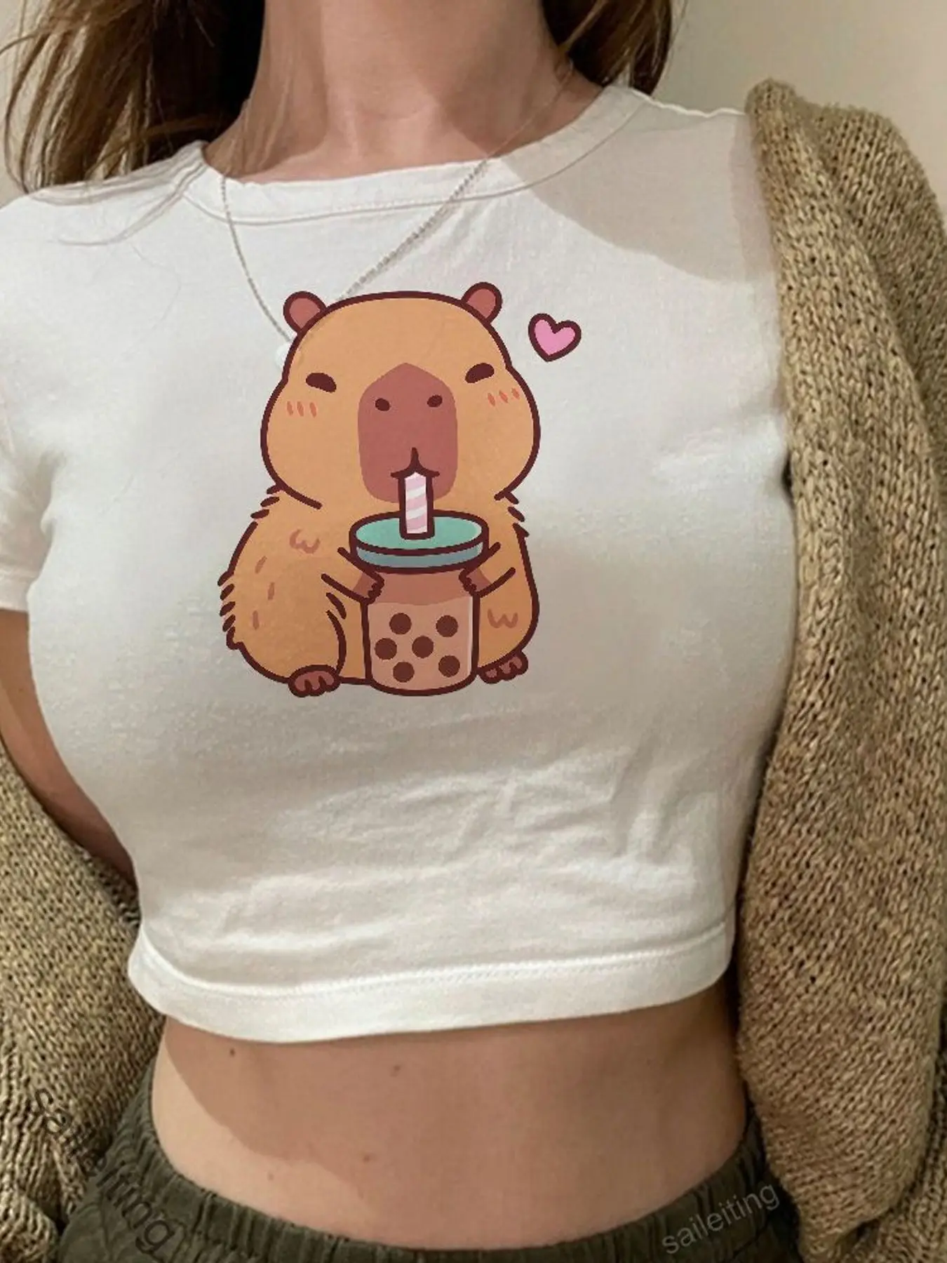 Camiseta Corta con Estampado de Capibara con Té Boba - Top de Verano de Manga Corta con Estampado de Dibujos Animados Kawaii para Mujer, Camiseta de Algodón Suave con Corazón