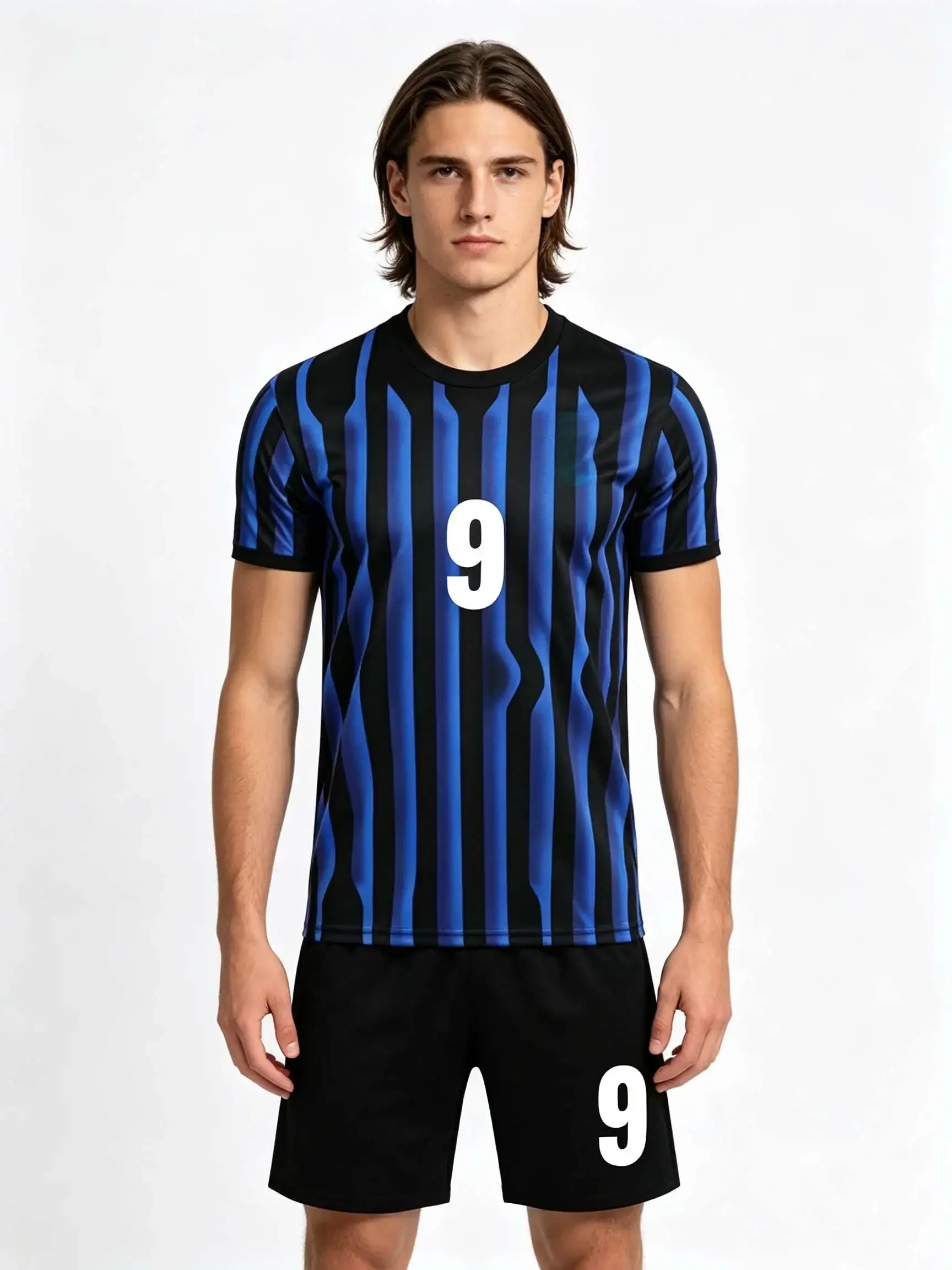26/27 Unisex Blank Soccer 2‑Piece Set, Kids Adults Parent‑Child Kit, Custom Blue stripes School Outdoor Team Sports