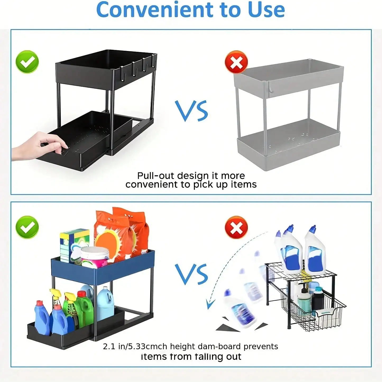 Under Sink Organizer with Sliding Drawers, 2 Tier Pull Out Cabinet Storage Rack with Hooks & Hanging Cup, Double Layer Bathroom Kitchen Storage Shelf for Cosmetics, Coffee Cups, Cleaning Supplies, Black view 3