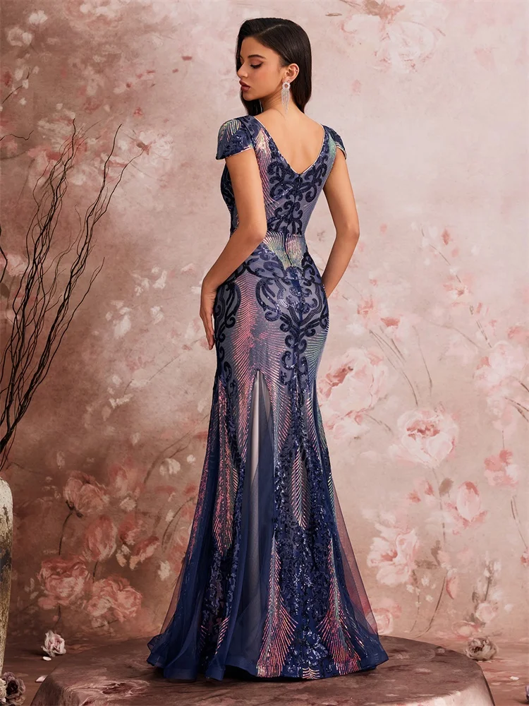 Luxurious Cap Sleeve V-neck Sequin Formal Evening Dress Women Elegant Mermaid Party Cocktail Gown Special Event